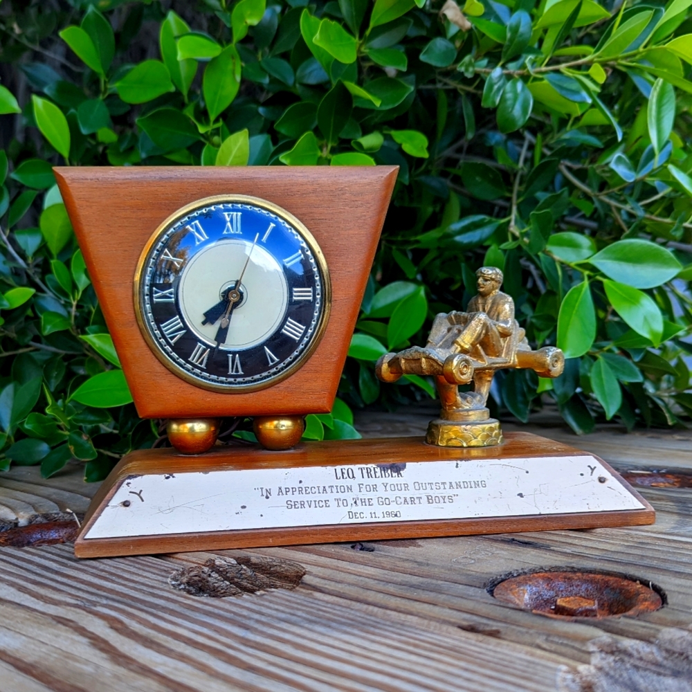 Lanshire Self Starting Clock Model T3 Vintage Trophy Cart Racing Wood Brass